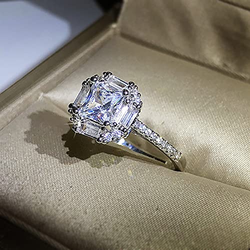 S925 Sterling Silver Simulated Diamond Ring 18k Platinum Moissanite Four-claw Princess Solitaire Ring Fashion Ultra Flash Diamond 4 Carat Zircon Wedding Engagement Ring (US Code 7)3