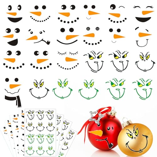 80 PCS Snowman Face Stickers for Christmas Ornaments Vinyl Decals DIY Craft Art Stickers Cute Snowman Wall Decor for Christmas Ball Water Bottles Fridge Wall Door Party Supplies Home Decoration
