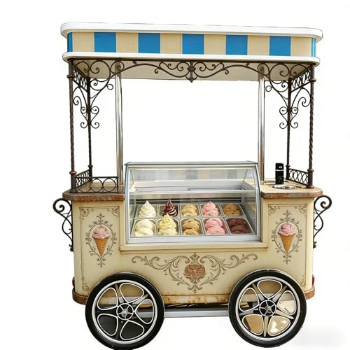 Mobile Ice Cream Freezer Truck for Sale, Commercial Gelato Dessert with Canopy and Storage, Ice Cream Serving Truck for Catering Events Parties and Outdoor Business