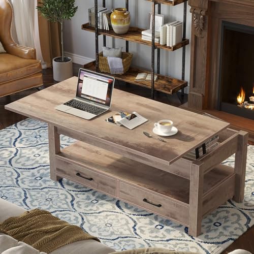 Couchtisch Höhenverstellbar, Couchtisch mit 2 Schublade, Hubplatte, Wohnzimmertisch mit Verstecktes Ablagefach, für Wohnzimmer – Bild 3