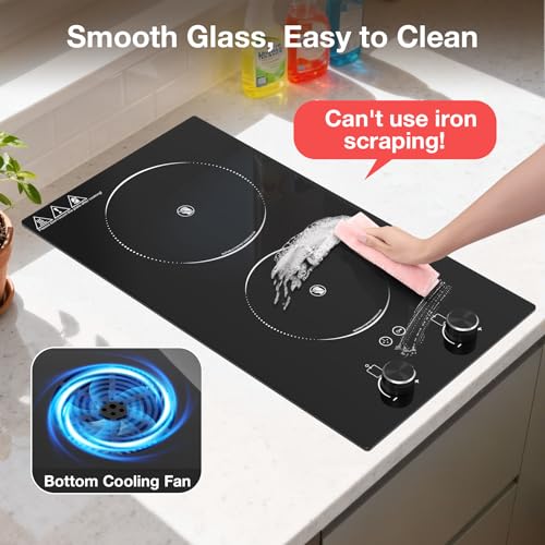 Image of Electric Cooktop 2 Burner, GTKZW 2100W Electric Stove 110v-120v Hot Plate, Knob Control Countertop & Built-in Ceramic Cooktop 9 Power Levels, Child Lock, Timer, Suitable for all Pans