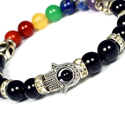 Image of Reiki Crystal Products Certified Natural Crystal Stone 7 Chakra with Hamsa 8 mm Round Beads Bracelet for Men & Women | Reiki Charged Gemstone Bracelet | Multiple Stone Variants Available