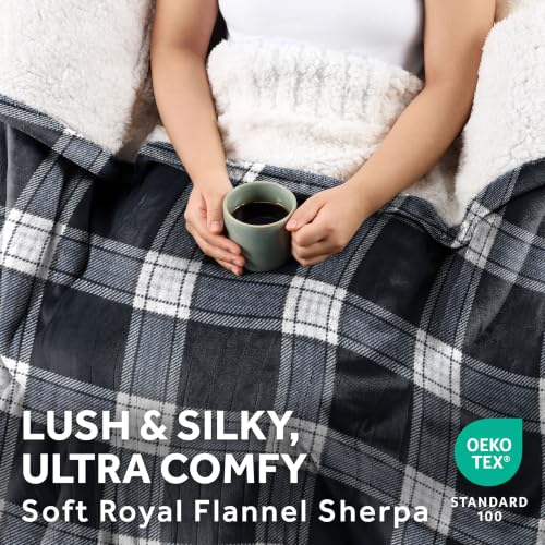 Image of Sunbeam Heated Throw Blanket Flannel Sherpa 4 Heat Charcoal Plaid 50x60
