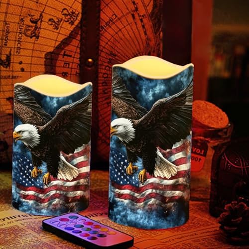 Image of USA Eagle Flag Plastic Flameless Candles with Remote Control and Timer LED Flickering Battery Operated Color Changing Electric Pillar Candles for Table Patriotic Decoration