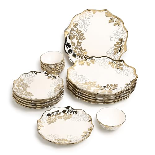 Image of Timeless Elegance Dinner Set, White & Gold, 18 Piece | Gold Plated, Porcelain Crockery with Scalloped Rim, For 6 People, 6 Dinner Plates, 6 Quarter Plates & 6 Veg Bowls, DSS01