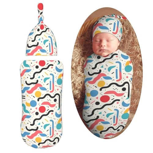 Image of 90s Pattern Newborn Swaddle Blankets Hat Sets Soft Baby Receiving Blanket Swaddle Sack for Baby Shower Infant Boy Girl Gift