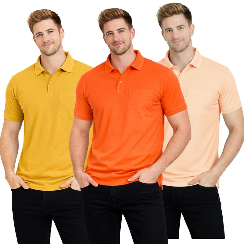 SMAN Polo Neck T-Shirt Pack of 3 for Men & Boys | Half Sleeve Collar Tee with Pocket | Premium Spun Matty Fabric | Casual & Office Wear | Sizes M to 2XL | FX_PO3_MCR_ORN_PCH-picture-35