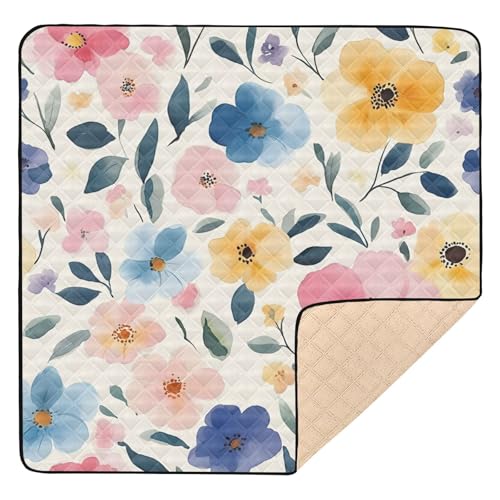 BOESI Watercolor Colorful Flowers Baby Play Mat, 50“ X 50” Washable Folding Crawling Mat, Baby Floor Mat, Soft, Non-Slip