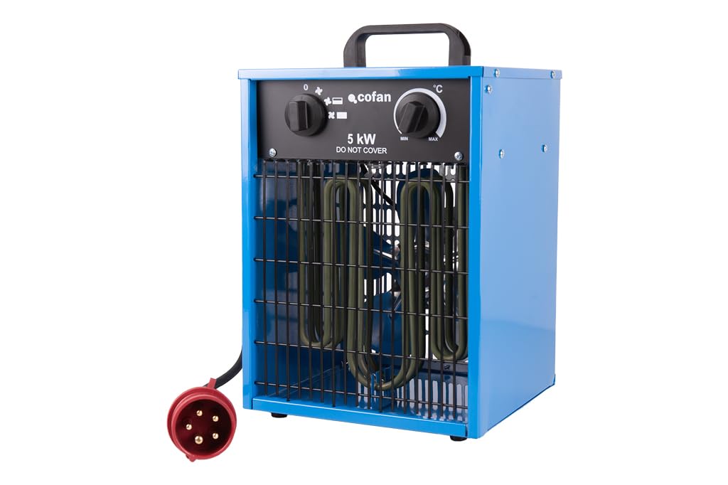 Cofan Grzejnik przemysłowy 5000 W | 3 poziomy mocy | Regulowany termostat | Funkcja wentylatora | Gniazdo trójfazowe (5 pinów) | Nadaje się do użytku przemysłowego
