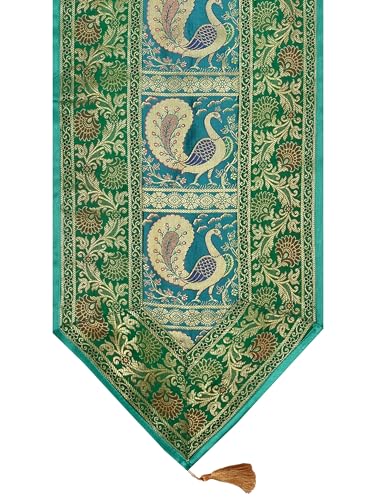 Image of Banarasi Brocade Zari Silk Table Runner Dinning & Centre Table Runner 177 By 30 CM (Green, Peacock)