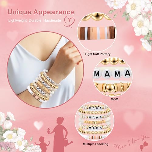 Joyline Mom Gifts for Mama and Daughter Mama Bracelets Beaded Clay Elastic Stackable Stretch Women Bracelets Unique Jewelry for Mother's Day Mom's Birthday Gifts3