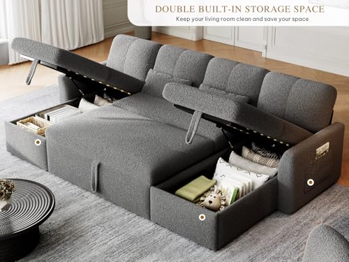 DWVO 105" Sectional Sofa Couch, 2 in 1 Sleeper Sofa Bed with Reversible Storage Chaise Pull Out Bed, U-Shape Sofa Bed for Living Room, Side Storage Pocket, Teddy Fleece, Grey