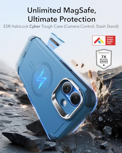 Image of ESR for iPhone 16 Phone Case with Stand, 23ft Military-Grade Drop Protection with Camera Control, Shock-Absorbing Rugged Cover, Compatible with MagSafe Accessories, Cyber Series, Light Blue