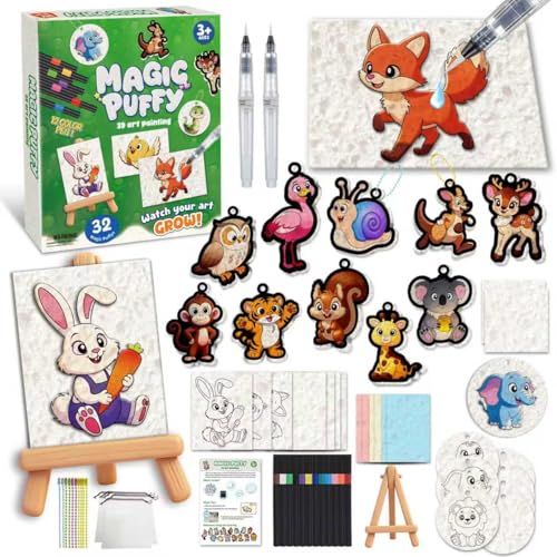 ZHFEIIRU 3D Art Kit Aqua Puffs Princesses Mess-Free Painting Craft for Girls & Boys DIY Color Inflate Activity Travel Toys & Creative Gifts for Girls & Boys (32PCS Animal+ Display Stand)