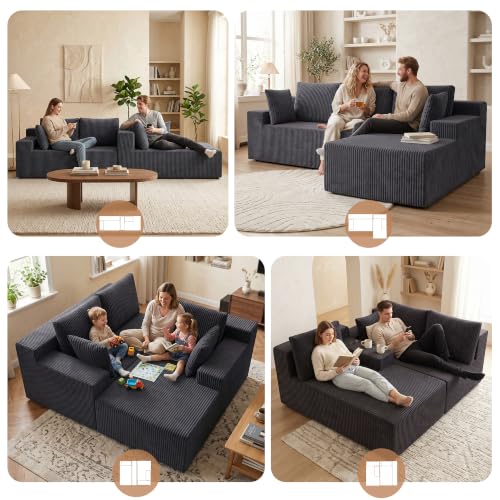 Image of GRUSIGN Cloud Sectional Boneless Couches for Living Room, Modular L Shaped Couch with Deep Seat Oversized Right Facing Chaise, Memory Foam Compressed Spineless 3 Seater Sofa, Wide-Striped Grey