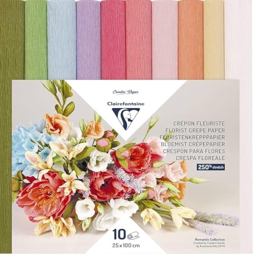 Clairefontaine, 995000C, Pack de 10 Rollos Papel pinocho/crespón para crear tu ramo de floristería, 25x100cm 160g, Surtido de 10 colores pastel