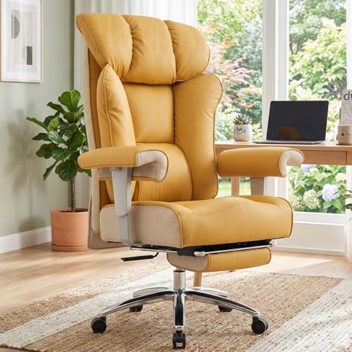 Image of Efomao Big and Tall Green Office Chair 450LBS - Ergonomic High-Back Executive Chair with Footrest, Adjustable Padded Armrests, PU Leather Computer Chair with Lumbar Support for Home or Office, Yellow