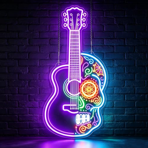Image of Sugar Skull Guitar Neon Sign, Day of the Dead Inspired LED Neon Light, USB Powered Dimmable Music Wall Decor for Home Bar, Music Room, Bedroom, Halloween Party, Gifts for Guitar Players