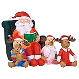 Christmas Masters 6 Foot Long Inflatable Santa Claus Reading a Bedtime Story to His Reindeer Holding Teddy Bears LED Lights Indoor Outdoor Yard Lawn Decoration - Cute Fun Xmas Holiday Party Blow Up