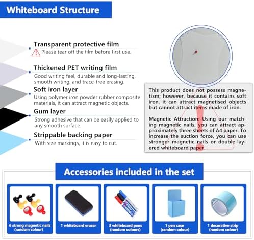 JOMUSAGA Magnetic Whiteboard Film Self-Adhesive 80 x 40 cm with