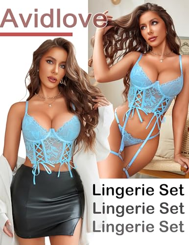 Image of Avidlove Women's Lingerie 4 Piece Garter Lingerie Floral Lace Bra and Panty Sets with Underwire S-XXL
