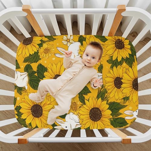 Image of Crib Sheet Breathable Soft Crib Mattress Sheet for Baby Toddler Boys Girls Fitted Crib Sheet Fit Standard Crib Mattress 39 x 27 Inch Autumn Sunflower and Cute Rabbit