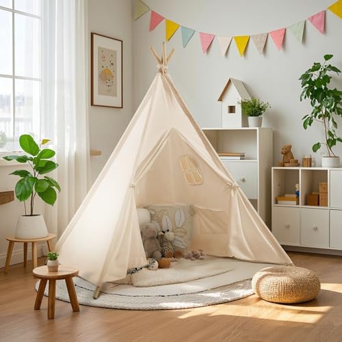 Wilwolfer Teepee Tent for Kids Foldable Children Play Tent for Girl and Boy with Carry Case 4 Poles White Canvas Playhouse Toy for Indoor and Outdoor Games