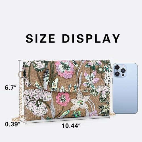 Image of Clutch Purses for Women, Envelope Package, Sequin Embroidered Flowers Straw Bag, Bohemian Handmade Handbags