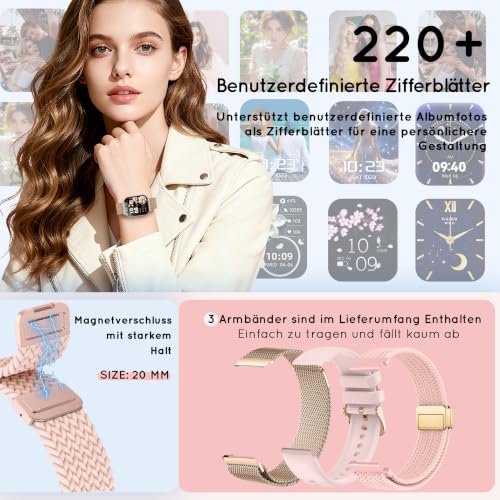 Smartwatch Damen 44MM 1000mAh Fitness Telefonfunktion 3 Armbände – Bild 2