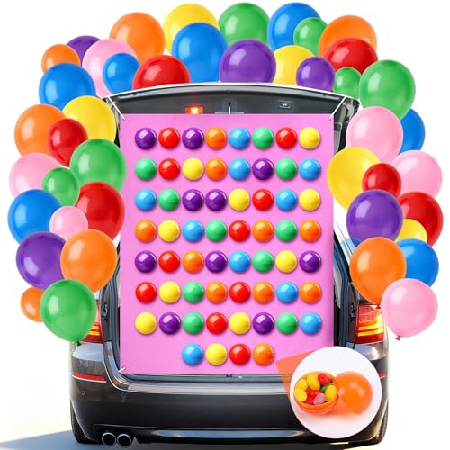 Tiamon Halloween Trunk or Treat Car Decorations Kit Included Purple Backdrop 60 Colorful Empty Round Capsules 56 Balloons for Funny Halloween Car Decorations Scene Memory Ball Games Set