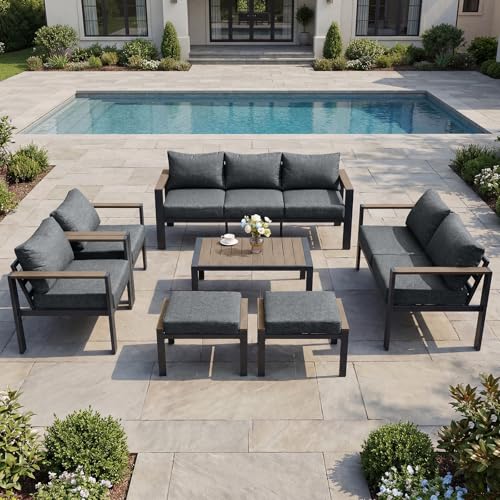 ADRERIC Patio Furniture Set 9 Seats and Coffee Table 7 Pieces Patio Conversation Set with Thick Cushion Ottomans Deluxe Aluminum Modern Outside Sectional for Porch Balcony Deck Yard Light Gray