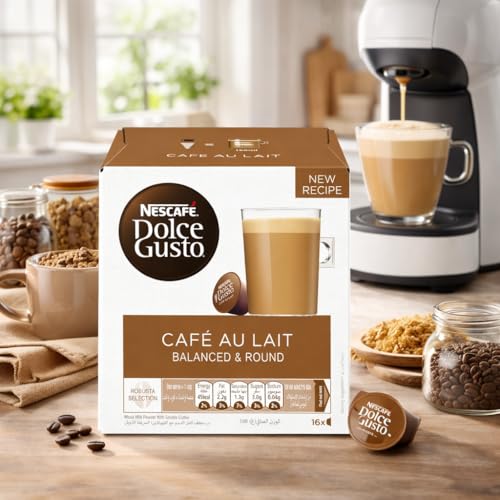 Image of NESCAFE Dolce Gusto Cafe Au Lait Coffee Capsules (Pack of 3) - 16 Pods (160g) Box Each - Smooth Milk Coffee with Balanced & Round Flavor, Robusta Blend, Cafe-Style Drink, Compatible with Dolce Gusto Machines, By Cougar - (IMPORTED-UK)