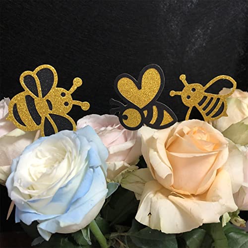 30-Pack Glitter New Bumble Bee Cupcake Toppers, Baby Bee Gender Reveal Baby Shower Birthday Party Cake Decorations Supplies #TOP1