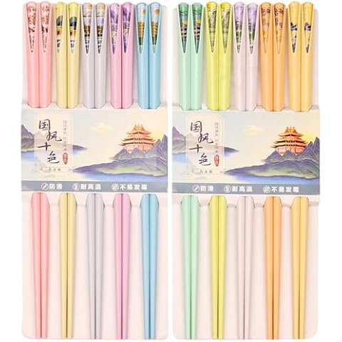 10 Pairs Reusable Chopsticks, 9.5-Inch Dishwasher Safe, Heat-Resistant, Non-Slip, Colorful Chinese Style Chopsticks with Unique Pattern Designs (Round) Cover