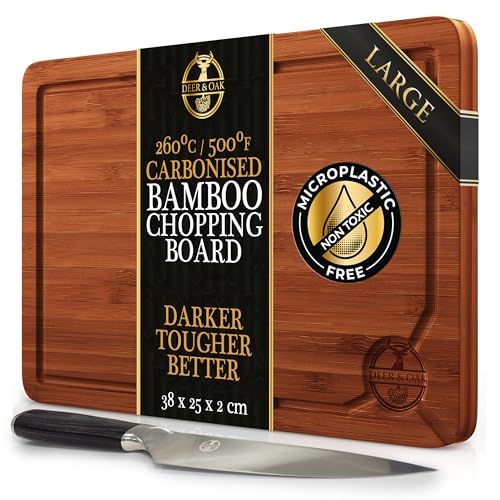 Deer & Oak Chef Knife and Wooden Chopping Board Set – 8 Inch German Stainless Steel Kitchen Knife and Large Bamboo Cutting Board – Pre-Oiled, Balanced, for Home and Professional Use