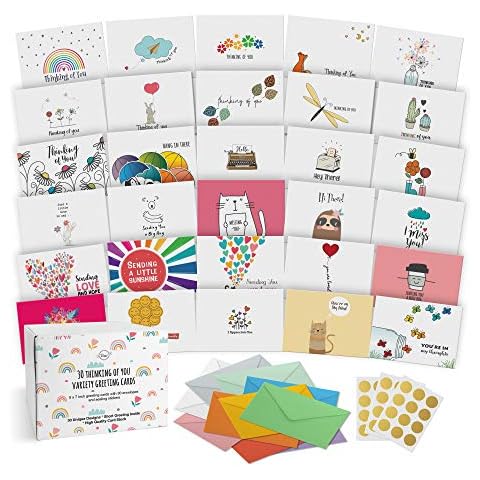 Dessie 30 Unique Thinking Of You Cards With Greetings Inside. Large Greeting Cards Boxed Set. 30 Different Designs - No Repetition. Assorted Color Envelopes, Gold Seals, Storage Box. Cover