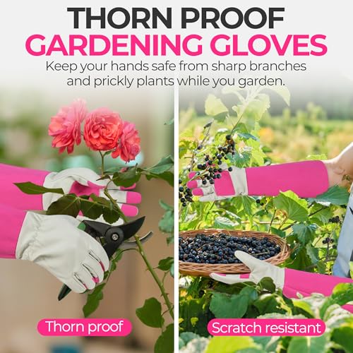 Image of HANDLANDY Rose Pruning Gloves for Men Women, Thorn Proof Gardening Gloves | Long Leather Gardening Gloves, Breathable Leather Gauntlet, Best Garden Gifts & Tools for Gardener (Pink, S)
