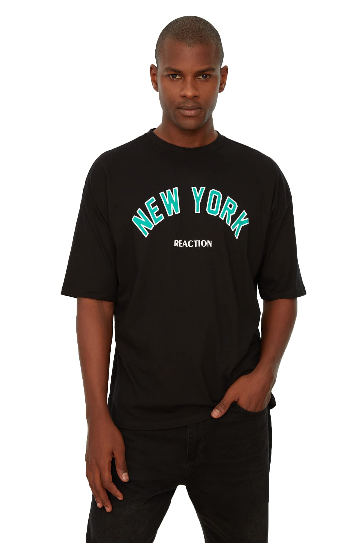 Trendyol Man Young Oversize Basic Crew Neck Woven T-Shirt Schwarz