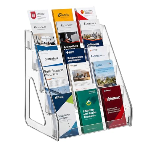 5 Tier Brochure Holder 12x13 Inch Acrylic Literature Display Stand Holds 3 Brochures in One Row Clear Pamphlet Holder Display Stand for Flyers Booklets Table Signs Office Home Store, Pack of 1