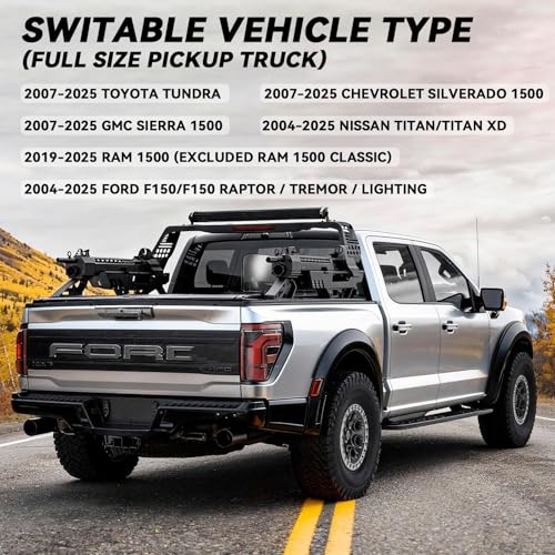 Image of Machine Gun Roll Bar for F-Series Silverado Sierra Ram Tundra Titan Pickup Truck, No Drilling Needed Military Gun Bar Chase Rack | Compatible with Retract Bed Cover T-Slots