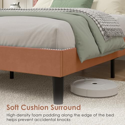 Image of VECELO Full Size Platform Bed Frame with Height Adjustable Upholstered Headboard, Modern Mattress Foundation,Strong Wood Slat Support, No Box Spring Needed, Easy Assembly,Brown
