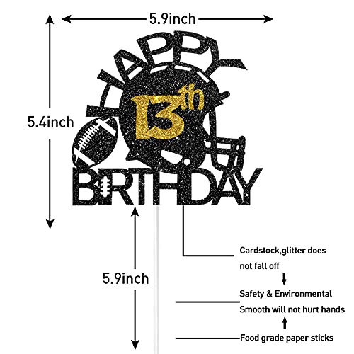 Image of Festiko Black & Gold Glitter Football 13th Birthday Cake Topper, Party Decoration, Supplies