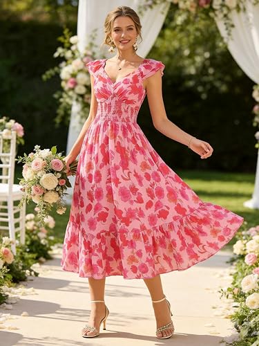 Image of GRACE KARIN Women's Summer Floral Maxi Dress 2026 Ruffle Sleeve Smocked Sundress Flowy Wedding Guest Long Dresses with Pocket