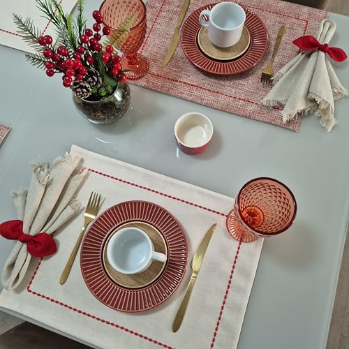 Kit Jogo Americano Dupla Face (6 lugares) Tecido Impermeável Natal Creme com Vermelho + 6 Porta Guardanapos | Mesa Posta