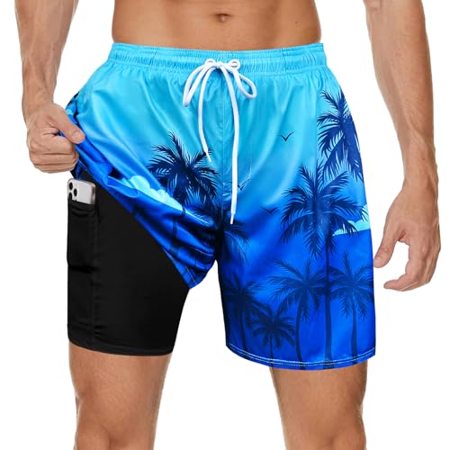MaciRept Mens Swimming Trunks with Compression Liner Mens 7" Beach Board Shorts Quick Dry Men Bathing Suit with Zipper Pockets