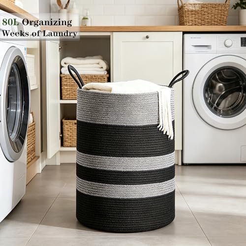 Image of 80L Large Black Laundry Hamper Tall Woven Laundry Basket