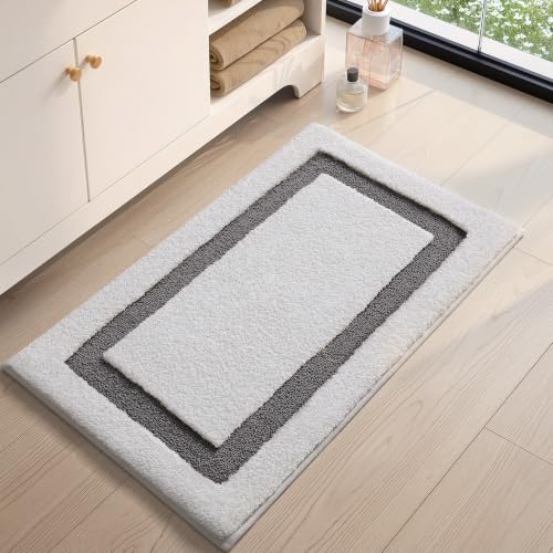 Image of Color&Geometry Mini White Bathroom Rugs 24x16, Extra Soft Absorbent Microfiber Bath Rug, Non-Slip Bathroom mat, Washable Plush Bath Mats for Bathroom, Shower, Bathtub, Laundry, Small, White Gray