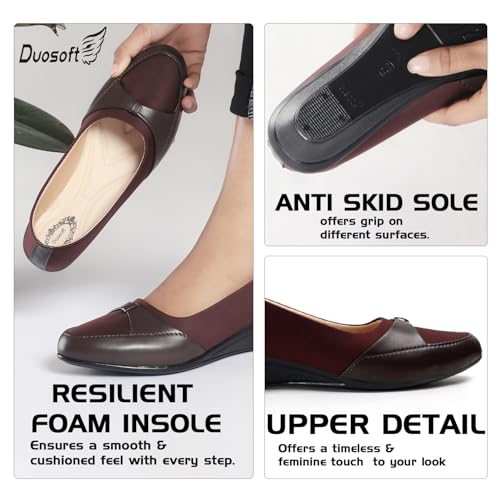 Image of Duosoft Women's Comfort Slip-On Loafers, Black Leather, Low Wedge Heel Bellies Dw-204-Brown