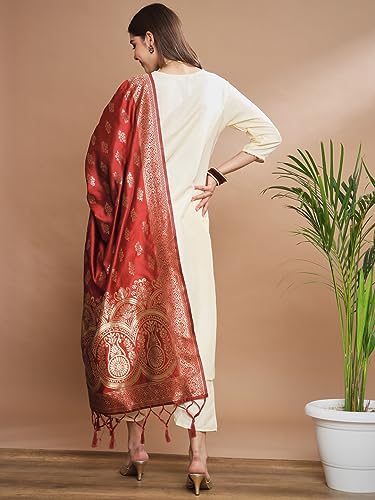 Image of VredeVogel Women's Cotton Silk Blend Straight Kurta Trouser With Dupatta Set