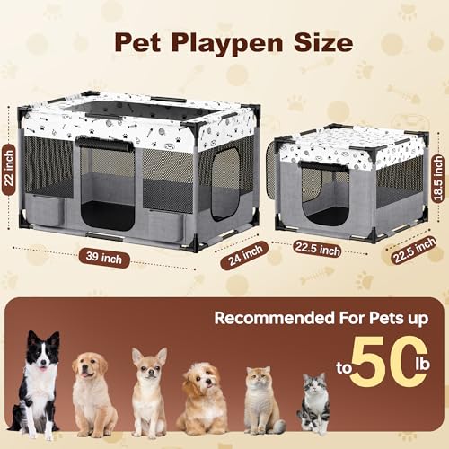 Portable Cat Playpen, Pet Dog Playpen, Kitten Puppy Play Pen for Indoor/Outdoor, Collapsible Cats Cages Enclosed Tent with Carrying Case, PVC Pipe Frame, 600D Oxford, 39" x 24" x 22" - Image 4